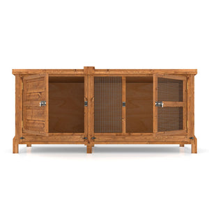 Wooden hutch with wire doors on a white background