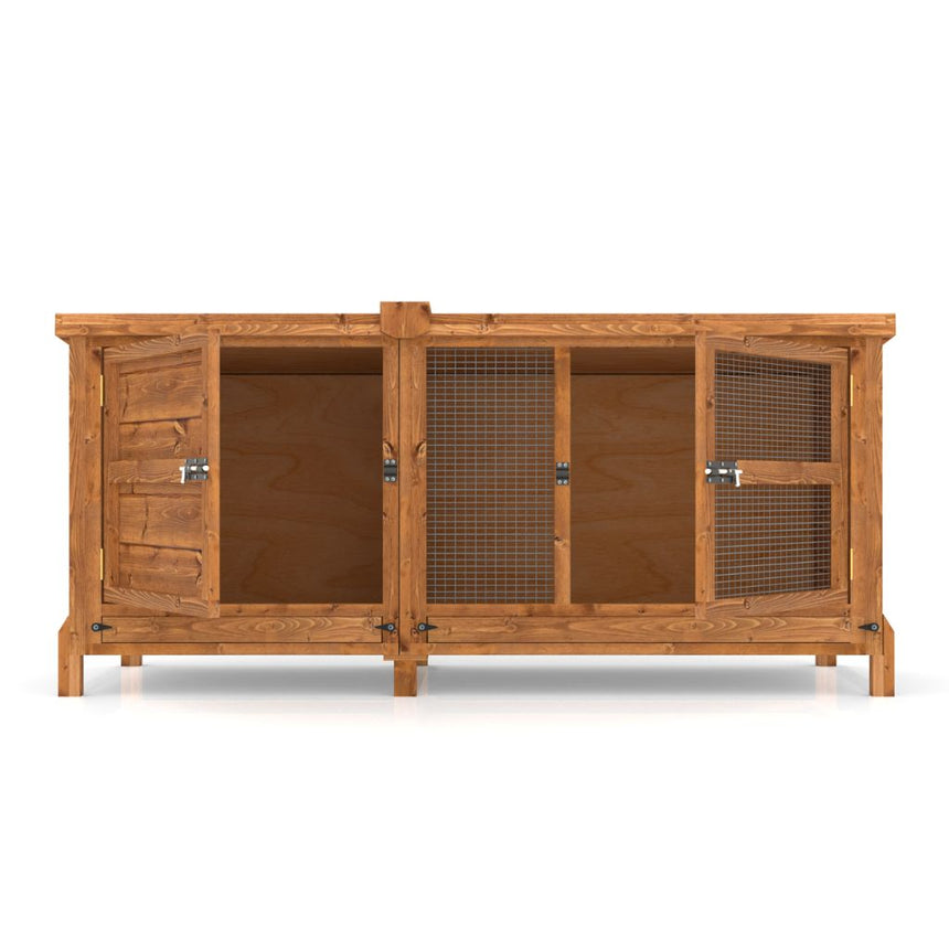Wooden hutch with wire doors on a white background