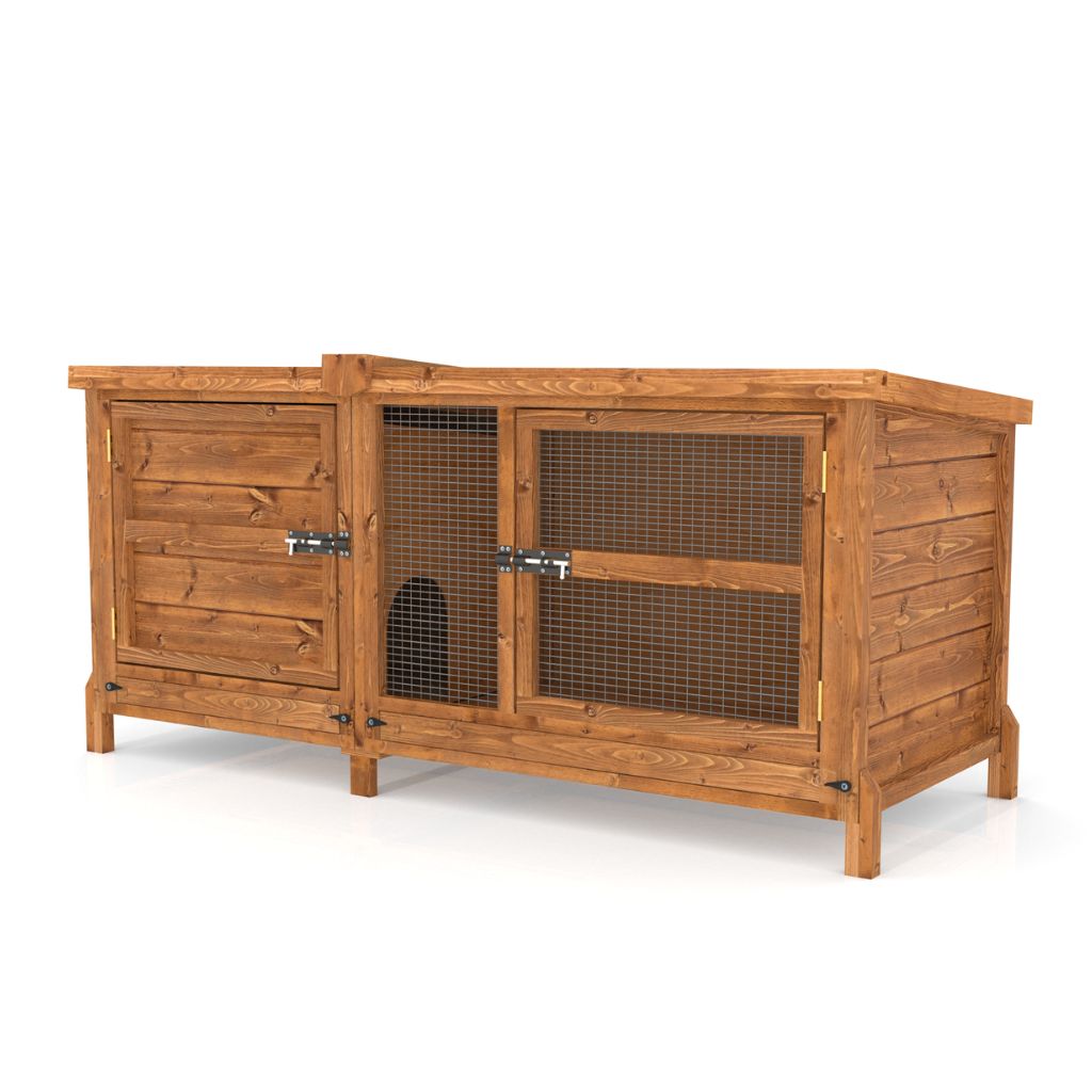 Wooden hutch with a wire door on a white background