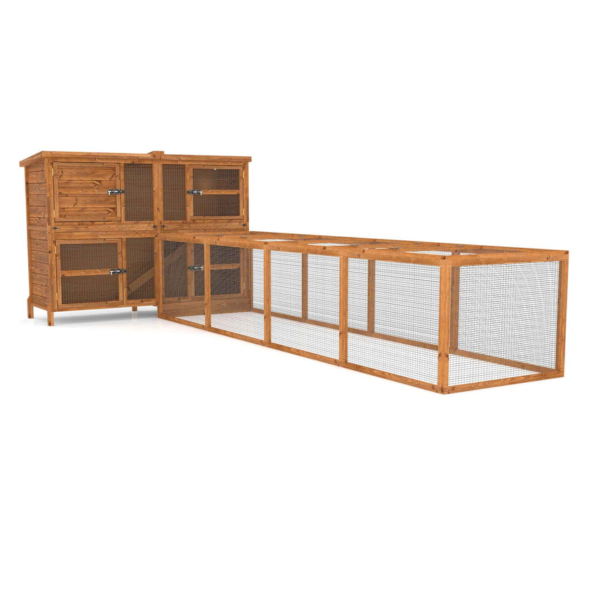 Wooden rabbit run cage with mesh sides on a white background
