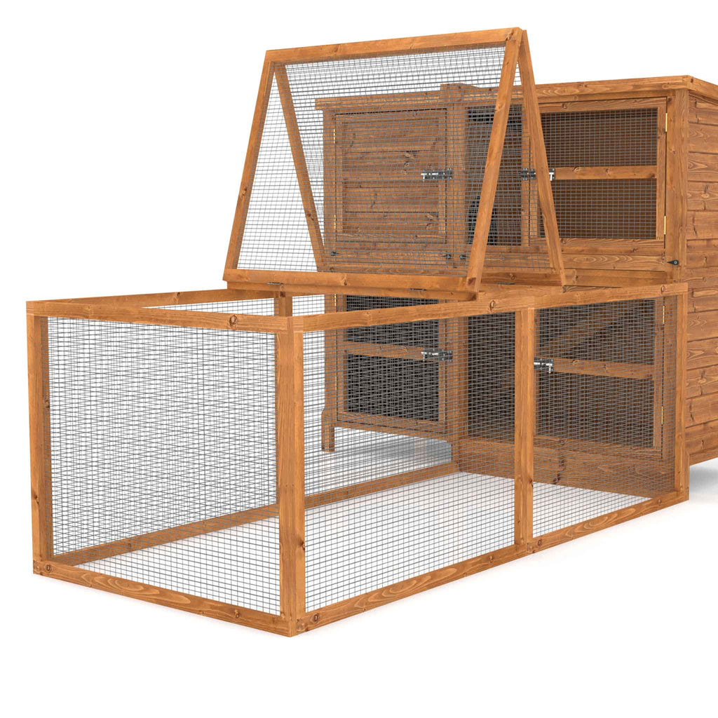 Wooden rabbit run with wire mesh on a white background