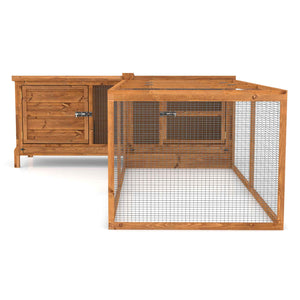 Wooden rabbit run cage with wire mesh on a white background