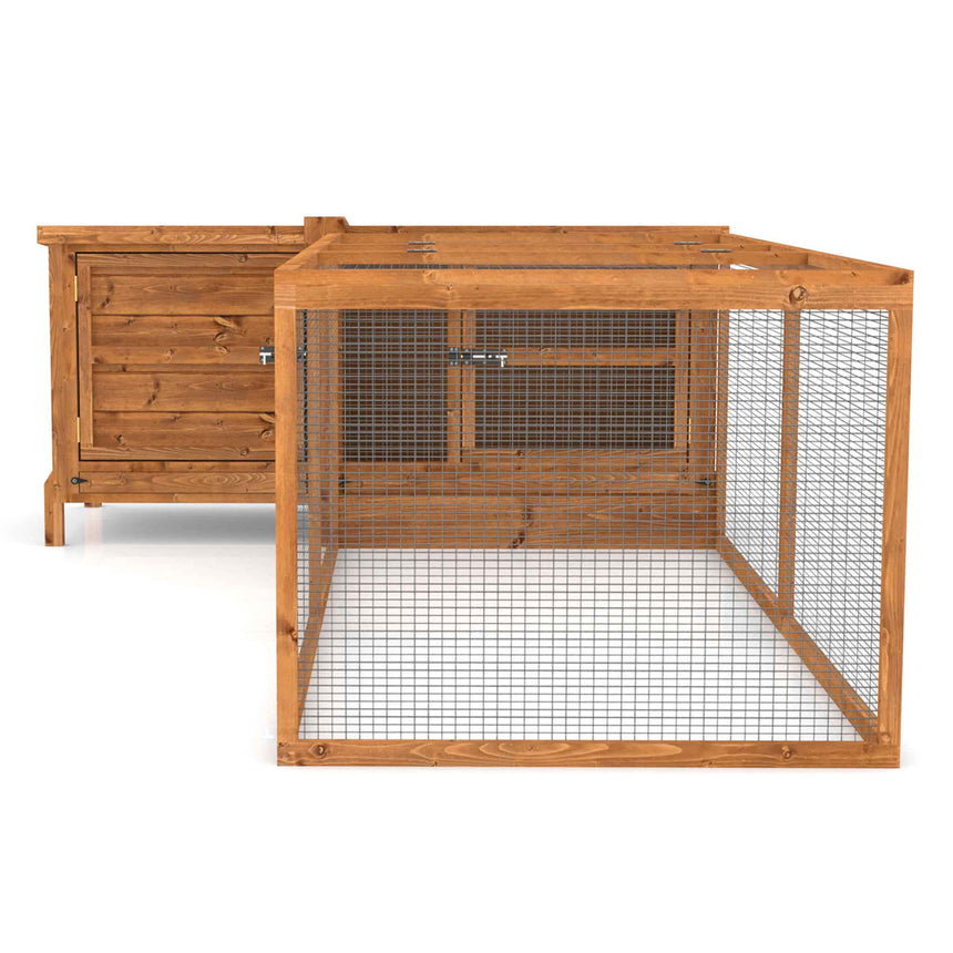 Wooden rabbit run cage with wire side on a white background