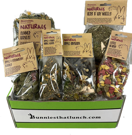 rabbit subscription box uk
of Rosewood Naturals pet food packages with various flavours on a white background.