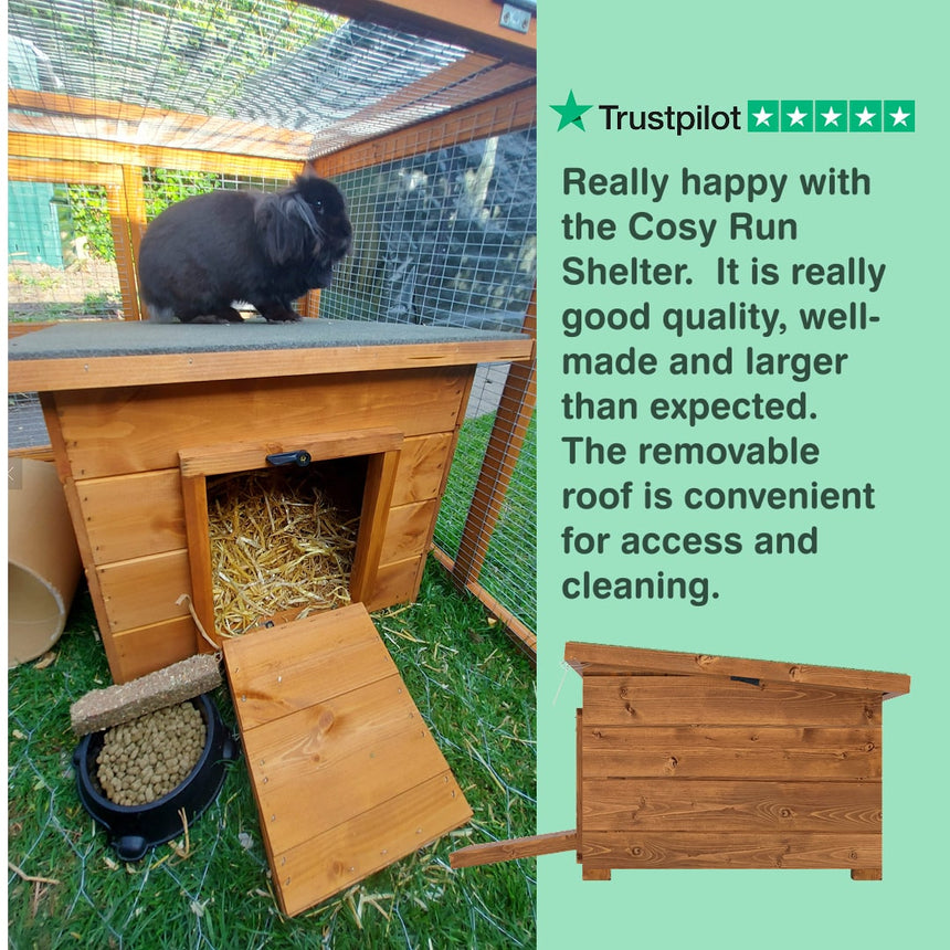 Wooden pet shelter with a rabbit inside, surrounded by grass and hay.