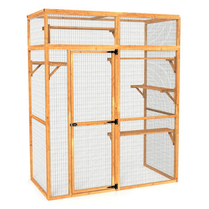 Wooden catio cage with wire mesh on a white background