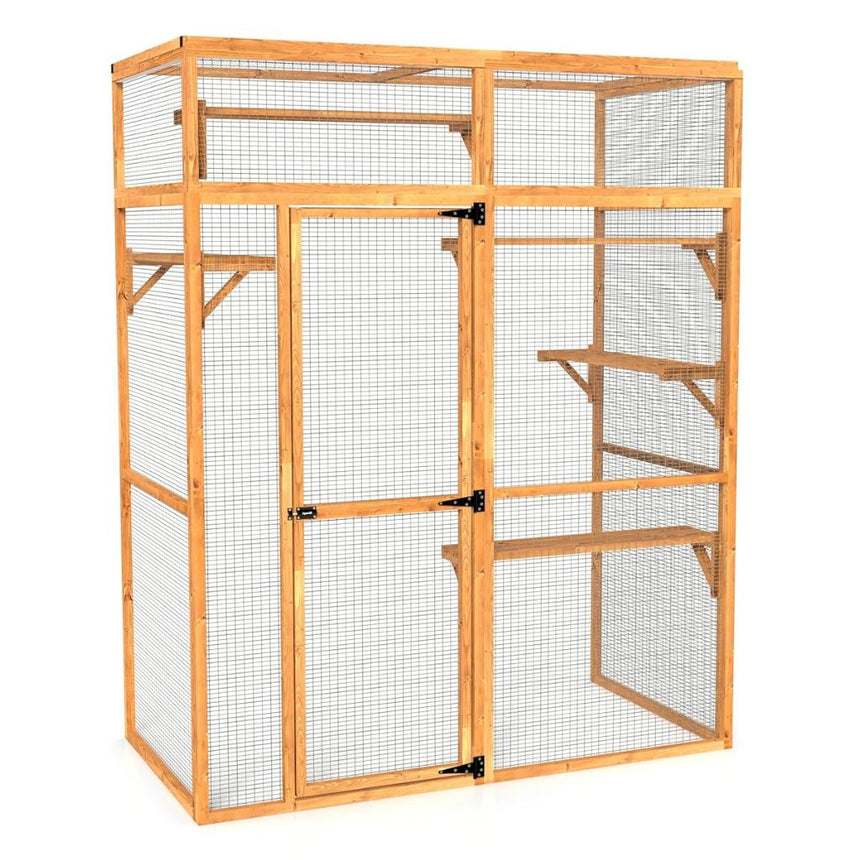 Wooden catio cage with wire mesh on a white background