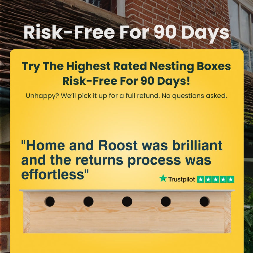 Advertisement for nesting boxes with a yellow background and text about a risk-free trial offer.
