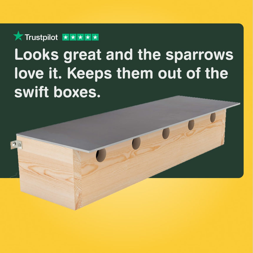 Wooden bird barrier with text on a yellow and green background