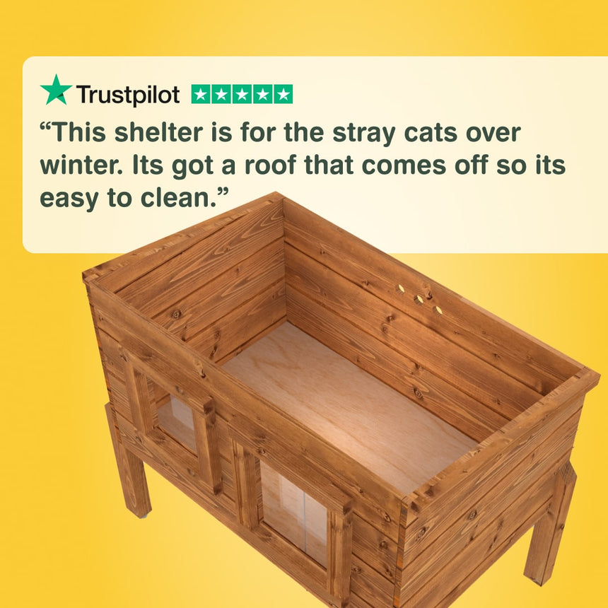 Wooden pet shelter with a roof that can be removed, on a yellow background with Trustpilot rating text. “This shelter is for the stray cats over winter. Its got a roof that comes off so its easy to clean.”