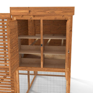 walk in chicken coop and run with multiple levels and a door on a white background