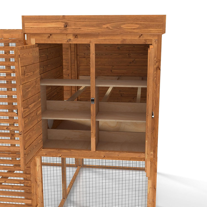 walk in chicken coop and run with multiple levels and a door on a white background