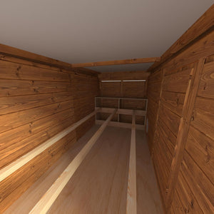 Walk in chicken coop with shelves and walls.