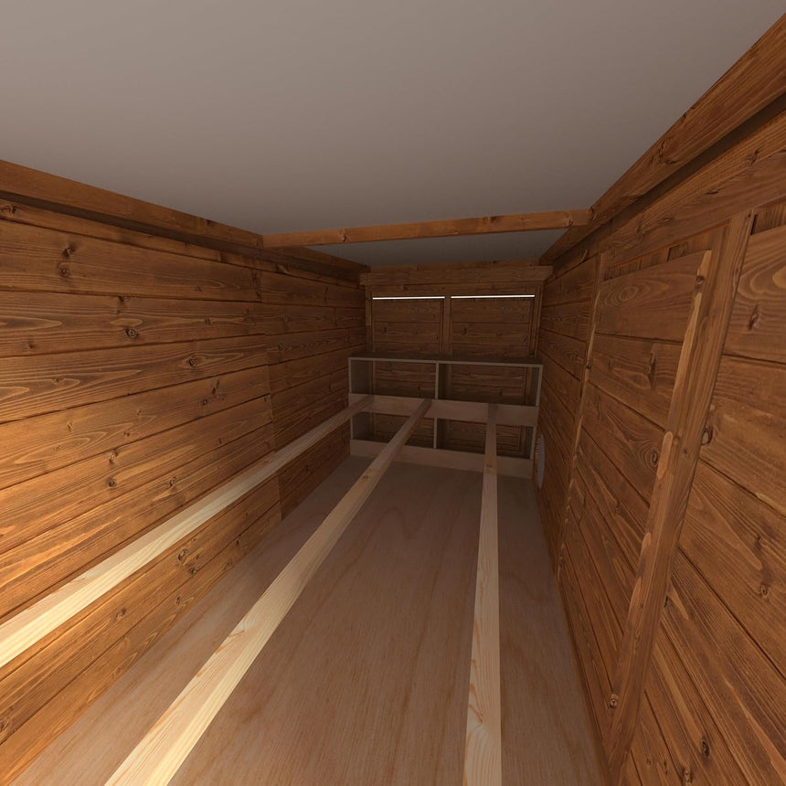 Walk in chicken coop with shelves and walls.