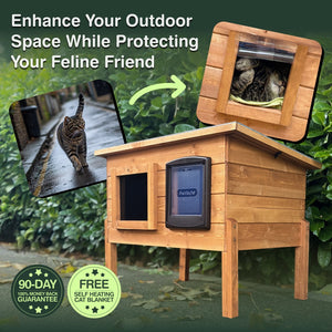 Wooden cat house with screen on top, surrounded by greenery, with text promoting its use.