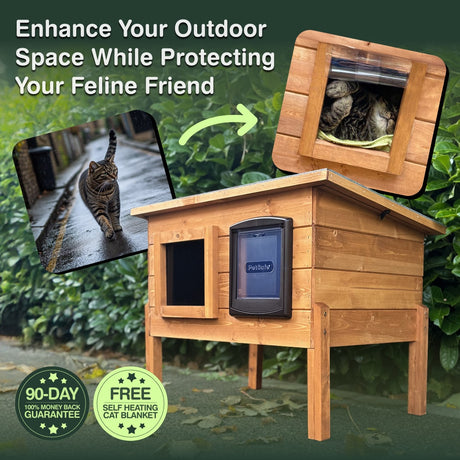 Wooden cat house with screen on top, surrounded by greenery, with text promoting its use.