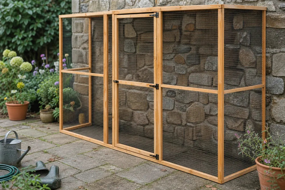 A Wingham 3-sided walk-in catio nestled against a garden wall, shown at an angle in a real British garden