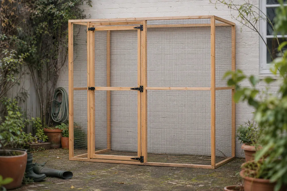 A large Wingham 3-sided walk-in catio mounted against a house wall in a real British garden