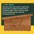Wooden hog house with Trustpilot review on a yellow and green background