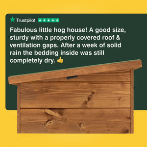 Wooden hog house with Trustpilot review on a yellow and green background