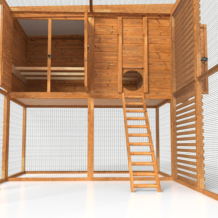 wooden walk in chicken coop and run with a ladder on a white background