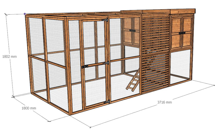 Wal in wooden chicken coop with dimensions on a white background