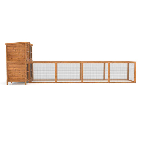 Wooden rabbit run enclosure with a small wooden house on a white background