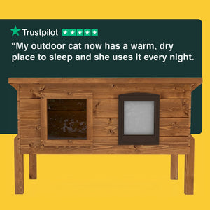 Wooden cat house with a cat door on a yellow background, featuring Trustpilot review text.