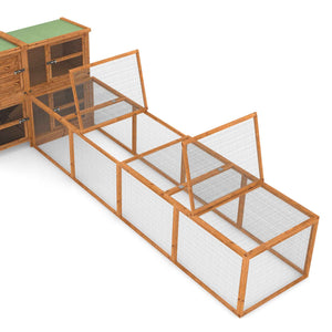 Wooden rabbit run cage with mesh sides on a white background
