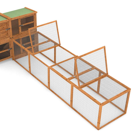 Wooden rabbit run cage with mesh sides on a white background